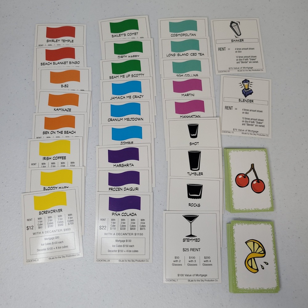 Late‎ for the Sky Cocktail-Opoly Replacement Game Cards Property Garnish Twist